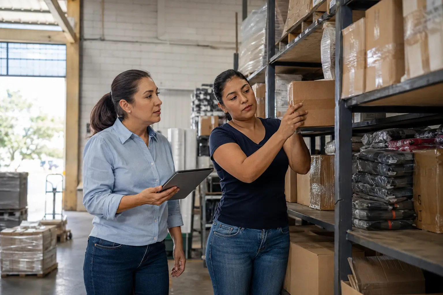 Empresarias mexicanas revisando inventario en un almacén